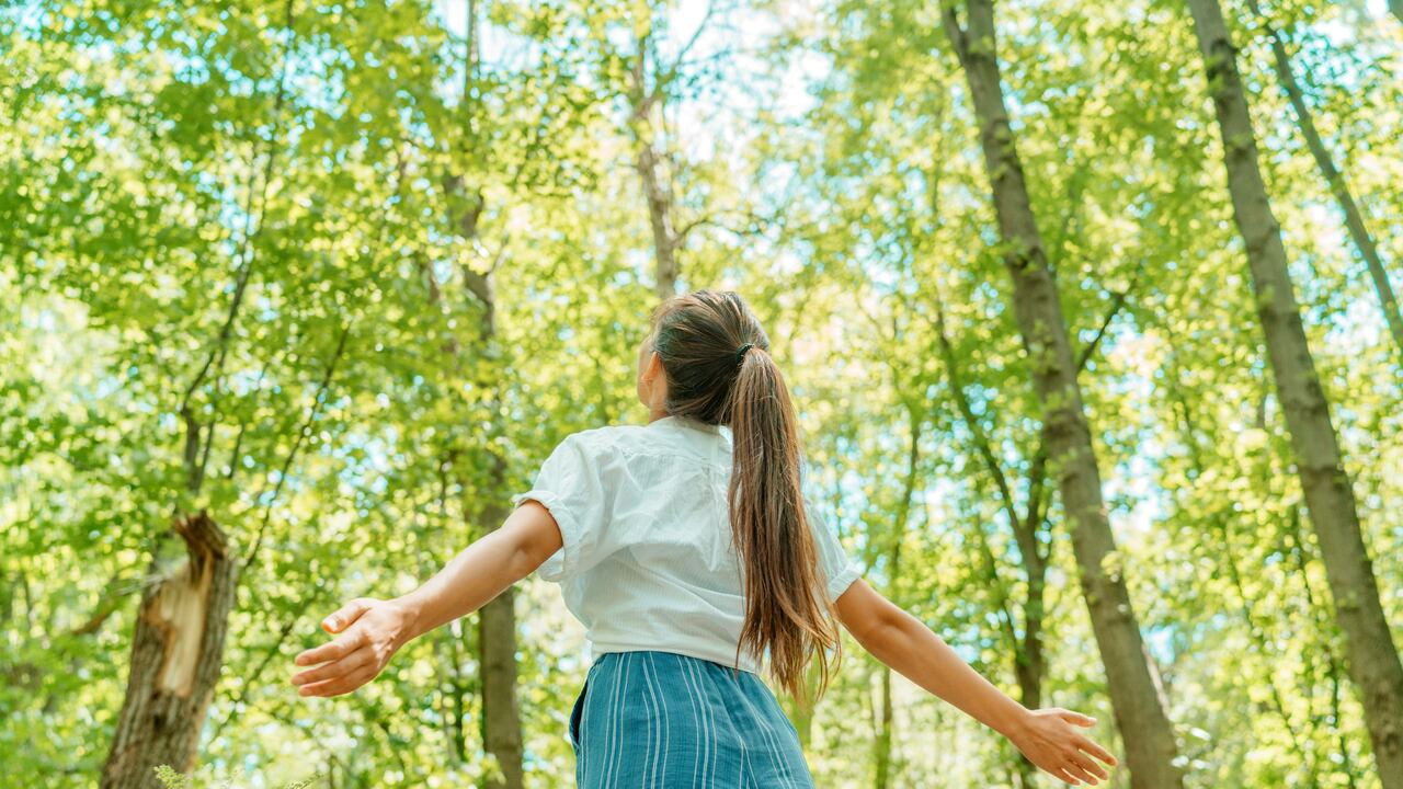 Mujer libre respirando aire limpio en el bosque de la naturaleza. Niña feliz desde atrás con los brazos abiertos en felicidad. Maderas frescas al aire libre, concepto de estilo de vida saludable de bienestar.