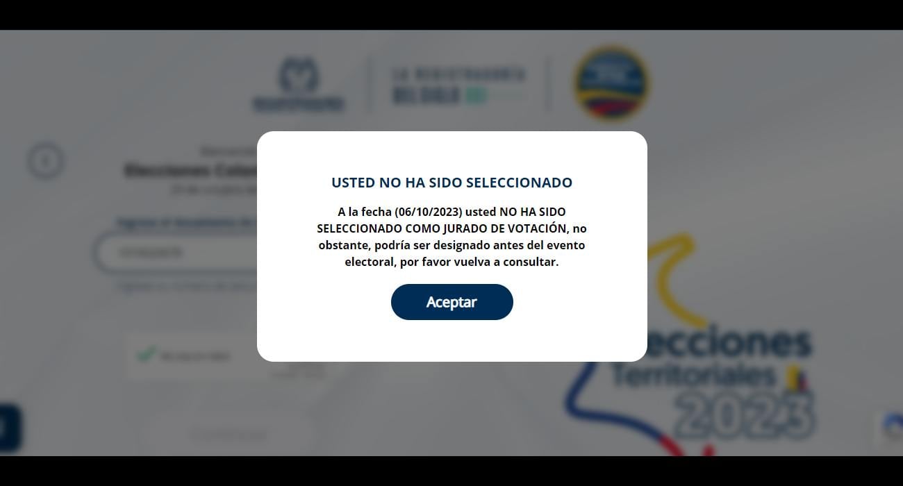 Mensaje que confirma que una persona no fue elegida como jurado de votación