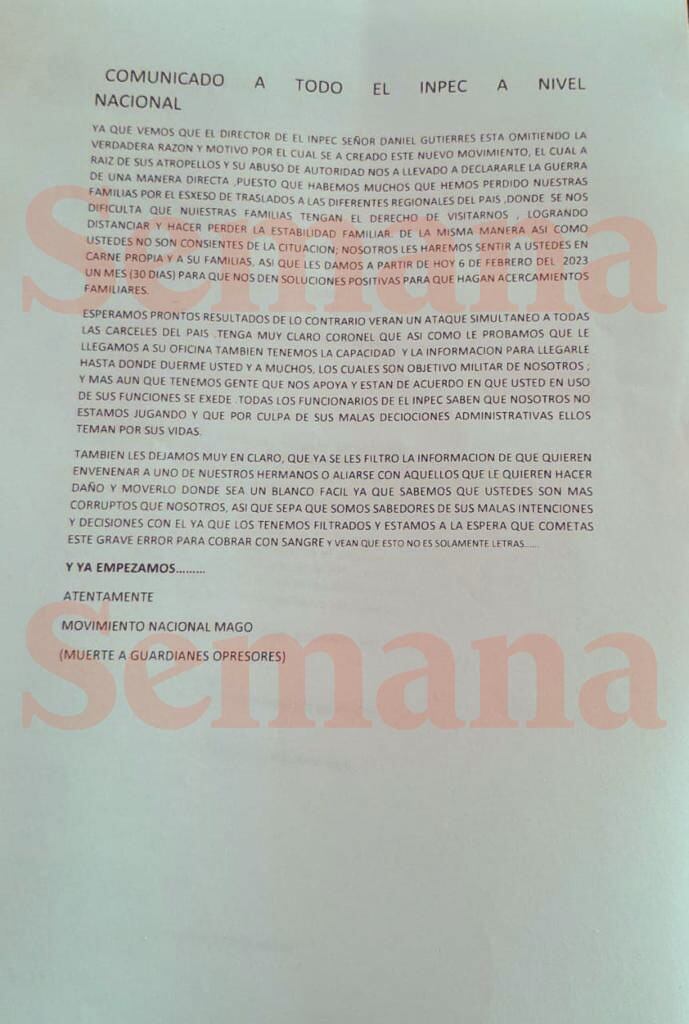 Nuevas amenazas contra el director del Inpec. “Sabemos donde duerme usted y muchos”