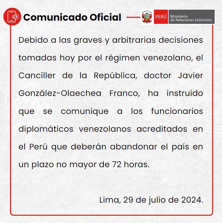 Este fue el comunicado del Gobierno de Perú.
