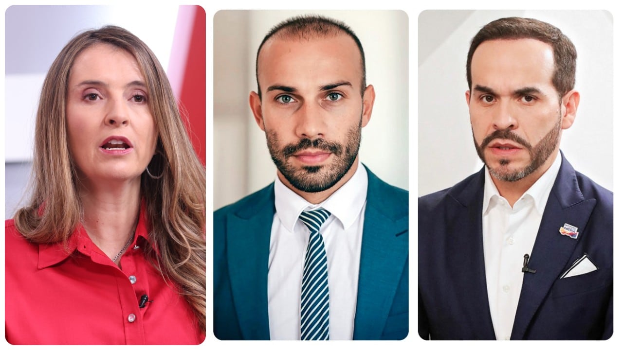 Andrei Roman (centro), CEO de Atlas Intel, habla de quién podría pasar a la segunda vuelta entre Abelardo de la Espriella (der.) y Paloma Valencia (izq.).