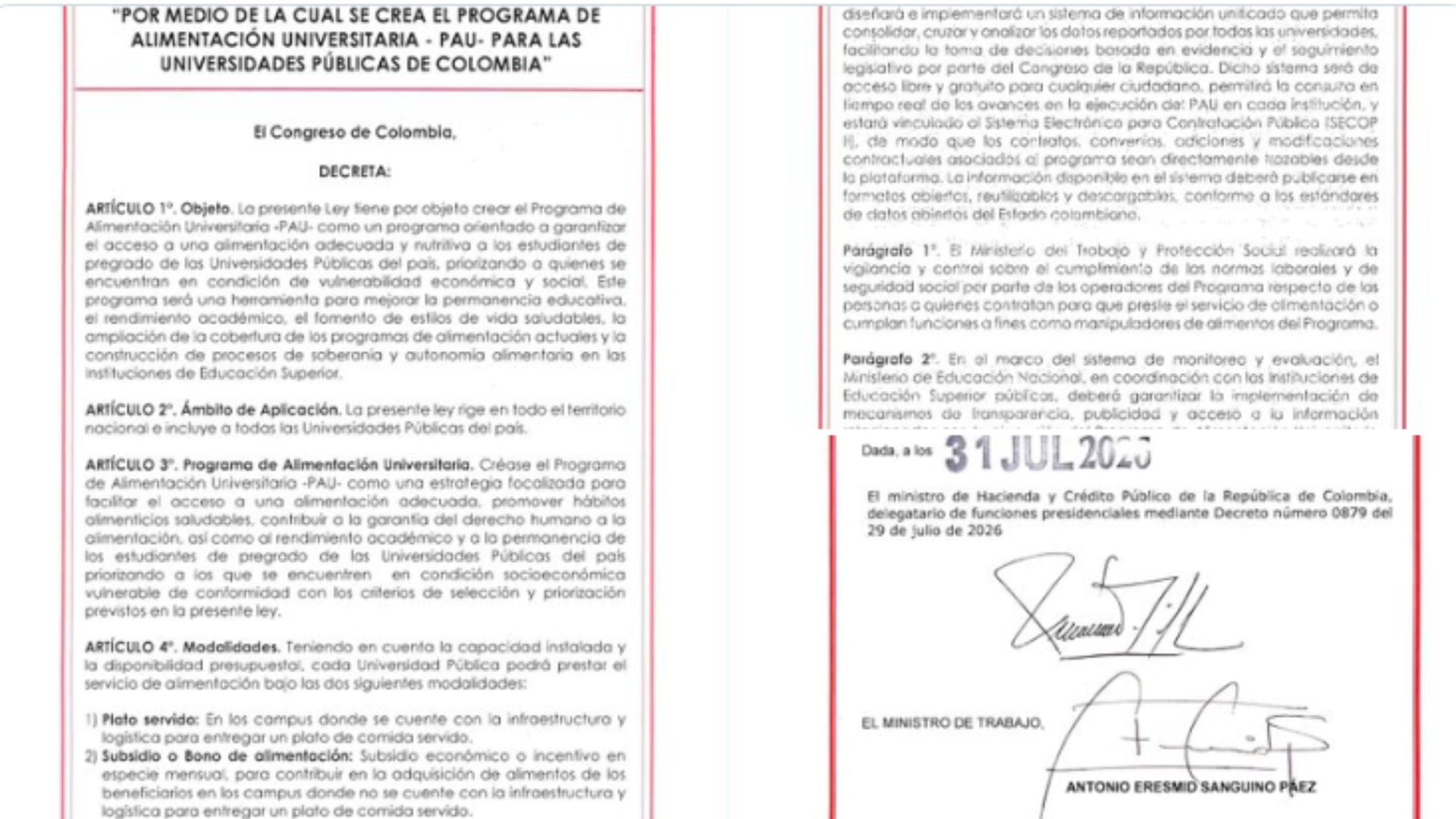 Estudiantes de universidades públicas podrán acceder al Programa de Alimentación Universitaria, según los criterios de priorización establecidos en la Ley 2618 de 2026.
