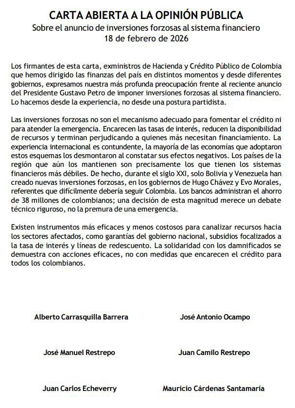 Carta de seis exministros de Hacienda cuestionando las inversiones forzosas