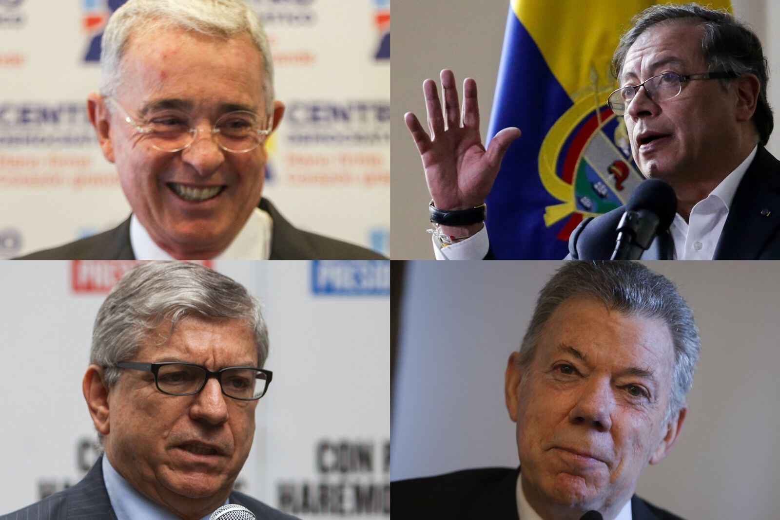 Los expresidentes Álvaro Uribe, César Gaviria y Juan Manuel Santos, junto al actual mandatario Gustavo Petro.