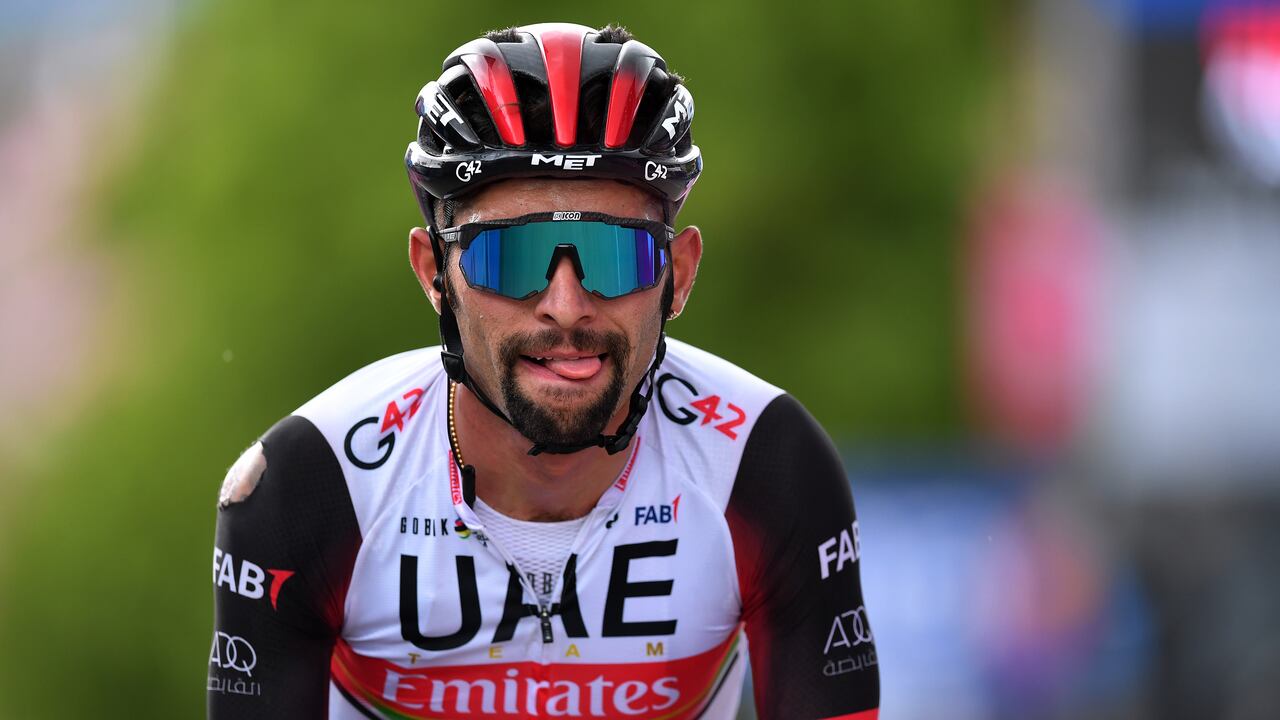 GUARDIA SANFRAMONDI, ITALY - MAY 15: Fernando Gaviria Rendon of Colombia and UAE Team Emirates at arrival during the 104th Giro d'Italia 2021, Stage 8 a 170km stage from Foggia to Guardia Sanframondi 455m / @girodiitalia / #Giro / #UCIworldtour / on May 15, 2021 in Guardia Sanframondi, Italy. (Photo by Stuart Franklin/Getty Images)