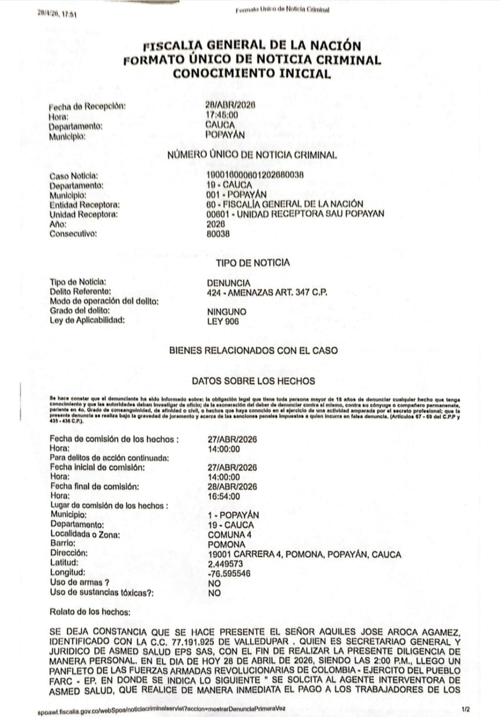 Supersalud compartió la denuncia ante la Fiscalía General de la Nación.