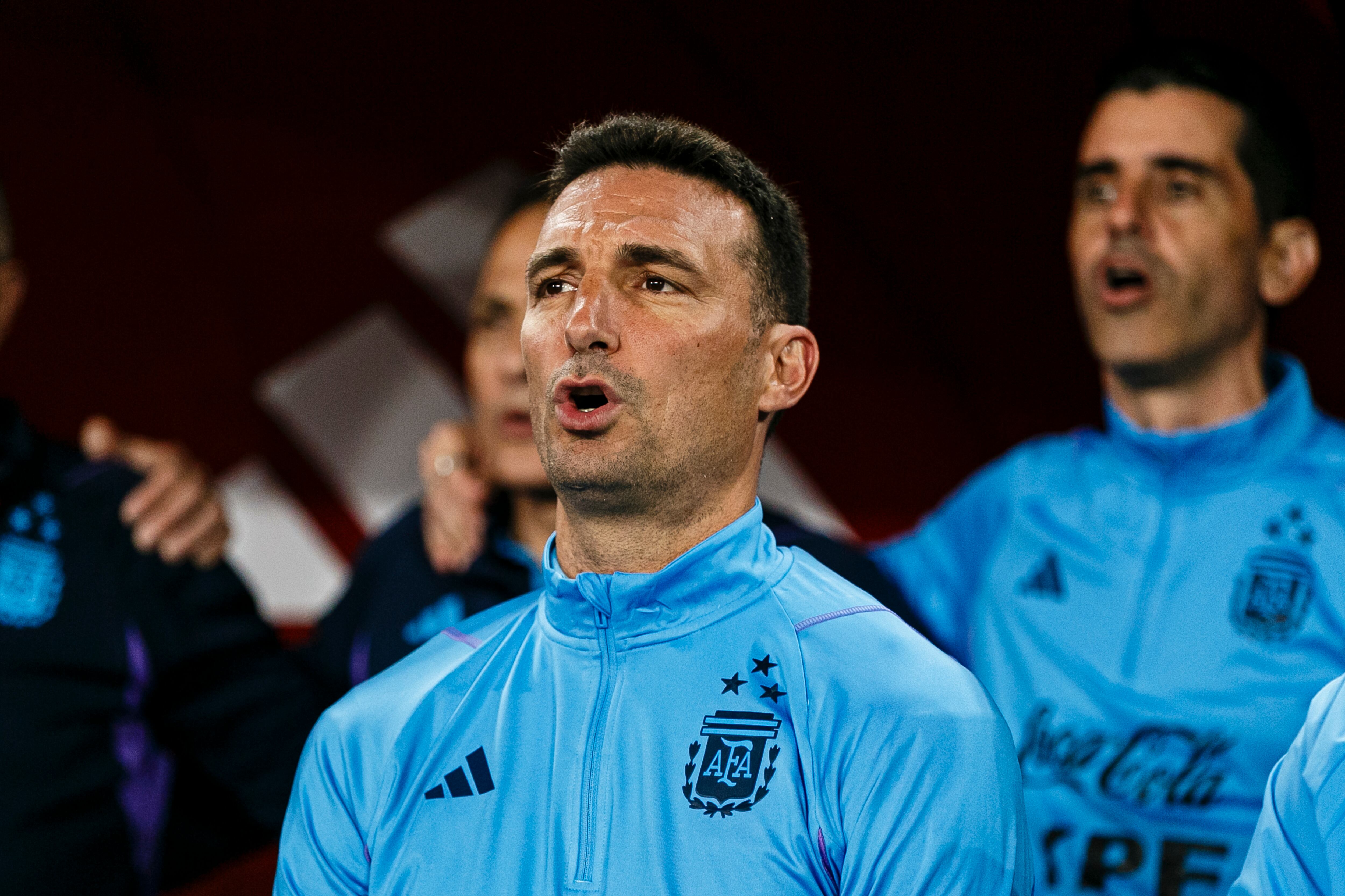 LIMA, PERU - OCTOBER 17: Argentina Head Coach Lionel Scaloni sings the National Anthem during FIFA World Cup 2026 Qualifier match between Peru and Argentina at Estadio Nacional de Lima on October 17, 2023 in Lima, Peru. (Photo by Martín Fonseca/Eurasia Sport Images/Getty Images)