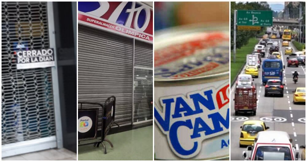 De izquierda a derecha: el sellamiento de Almacenes Éxito, el sellamiento de Olímpica, la marca de Van Camp's y la Autopista Norte de Bogotá