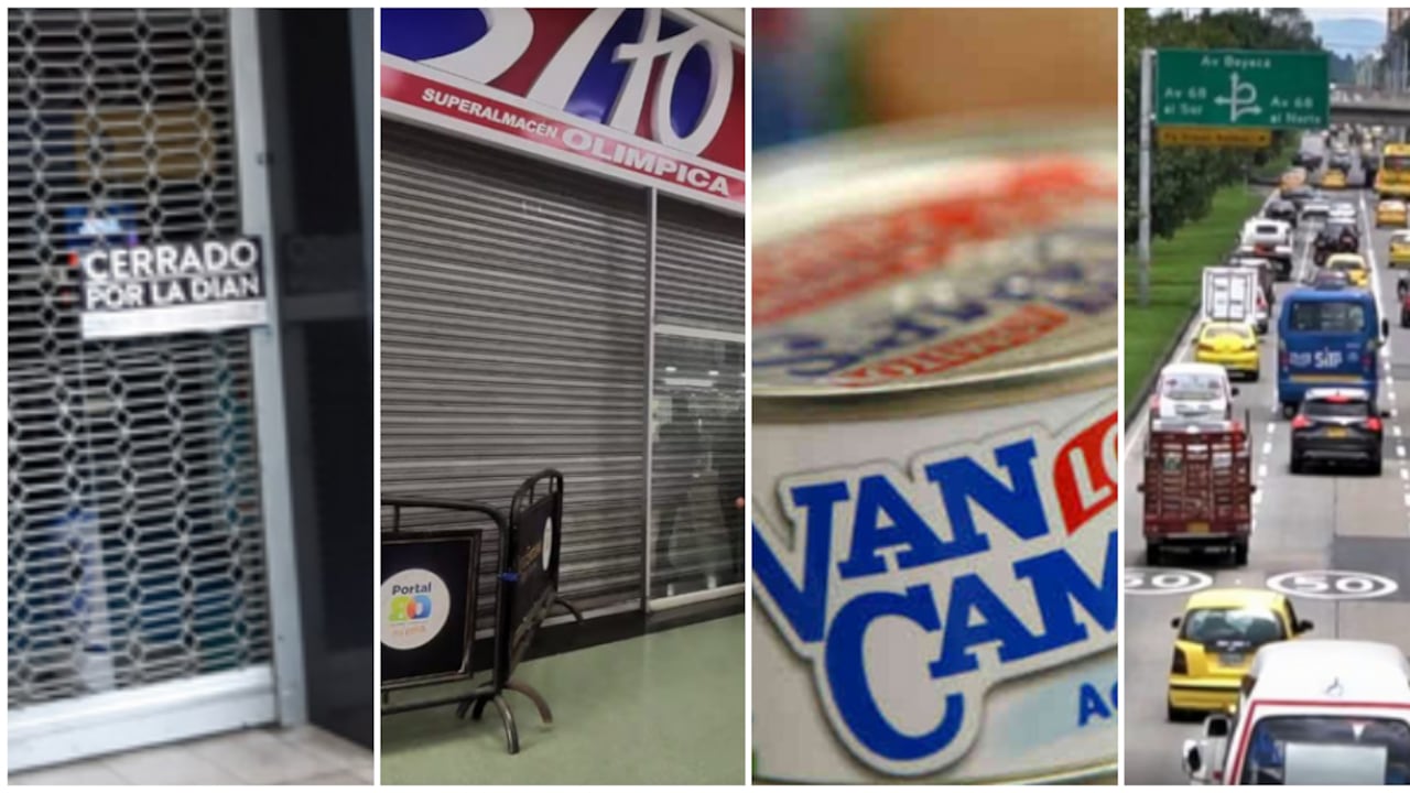 De izquierda a derecha: el sellamiento de Almacenes Éxito, el sellamiento de Olímpica, la marca de Van Camp's y la Autopista Norte de Bogotá