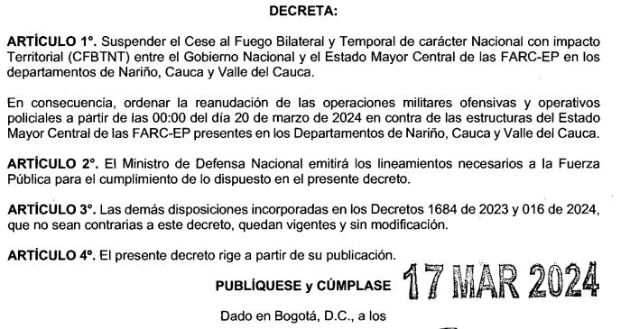 Decreto suspensión cese al fuego con las disidencias de las Farc.