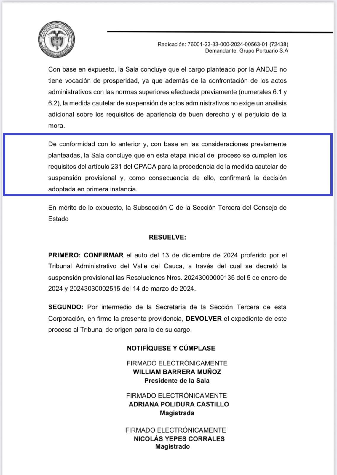 Consejo de Estado deja en firme medida frente al contrato de concesión del Muelle 13, en Buenaventura