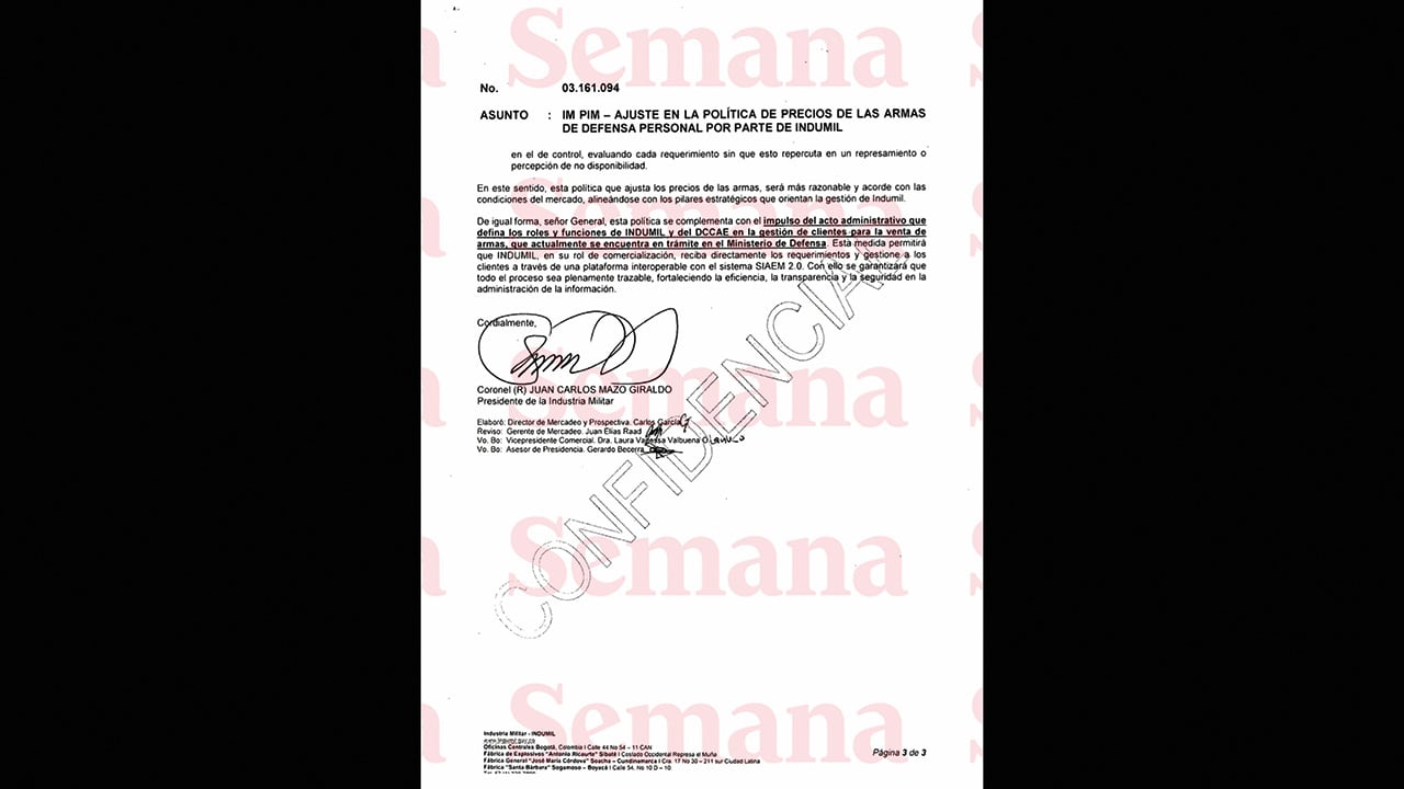 En este documento, el presidente de Indumil reconoce que bajar el precio de las armas al público “será más razonable y acorde con las condiciones del mercado”.