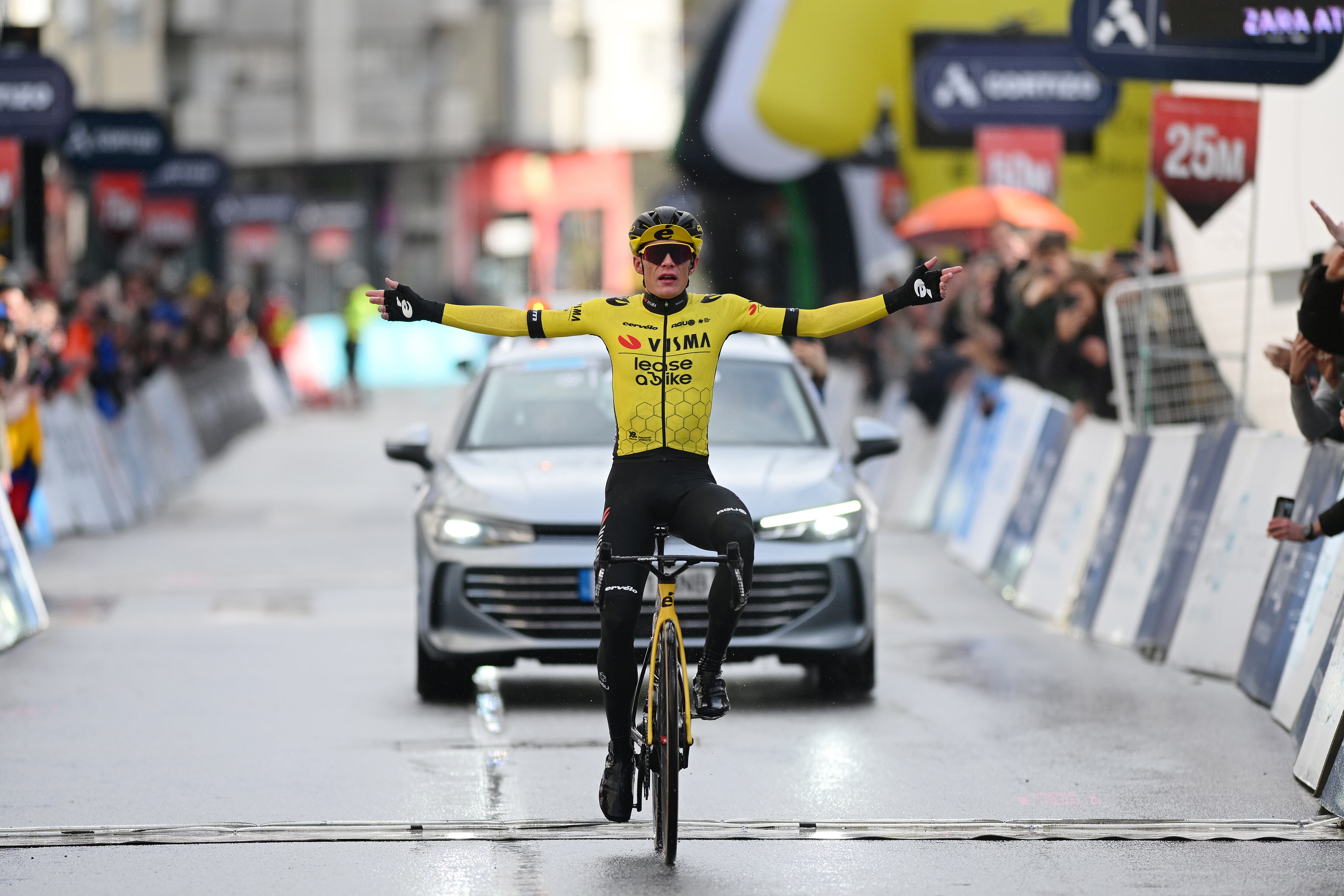 CHANTADA, SPAIN - FEBRUARY 23: Jonas Vingegaard of Denmark and Team Visma | Lease a Bike celebrates at finish line as stage winner during the 3rd O Gran Camiño - The Historical Route 2024, Stage 2 a 151.2km stage from Taboada to Chantada 481m on February 23, 2024 in Chantada, Spain. (Photo by Dario Belingheri/Getty Images)