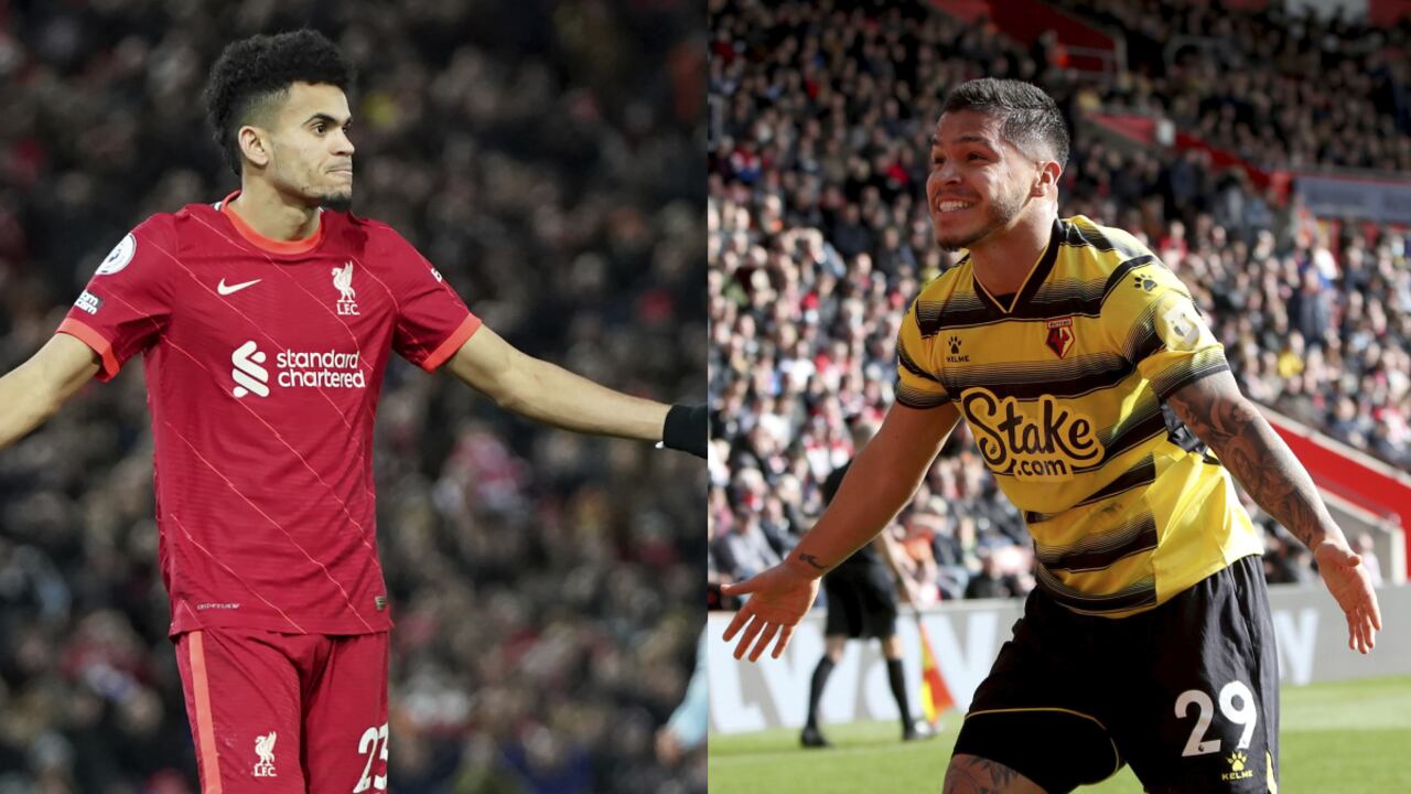 Luis Díaz y Juan Camilo 'Cucho' Hernández. Foto: AP/Jon Super/Kieran Cleeves