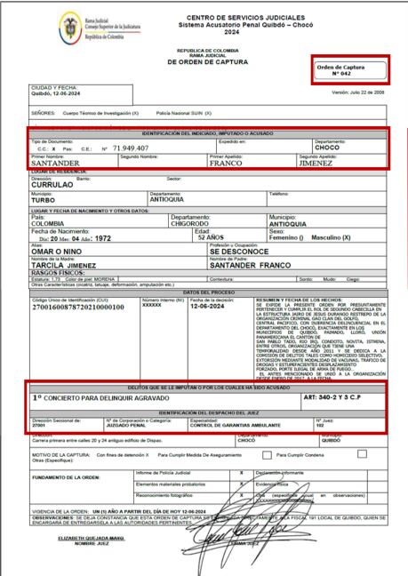 Esta es la orden de captura contra Santander Franco Jiménez, alias Nino.