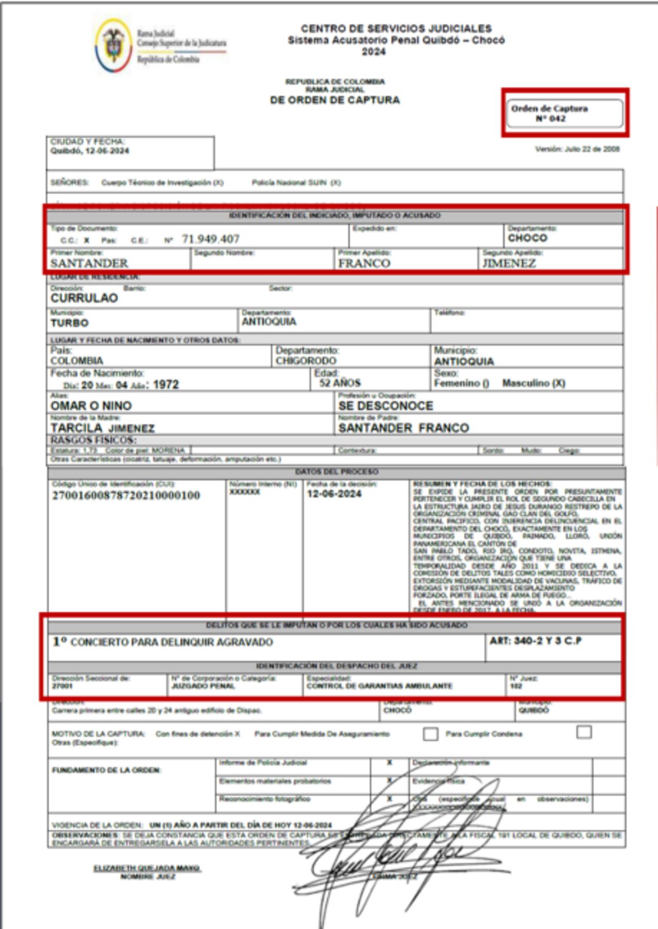 Esta es la orden de captura contra Santander Franco Jiménez, alias Nino.
