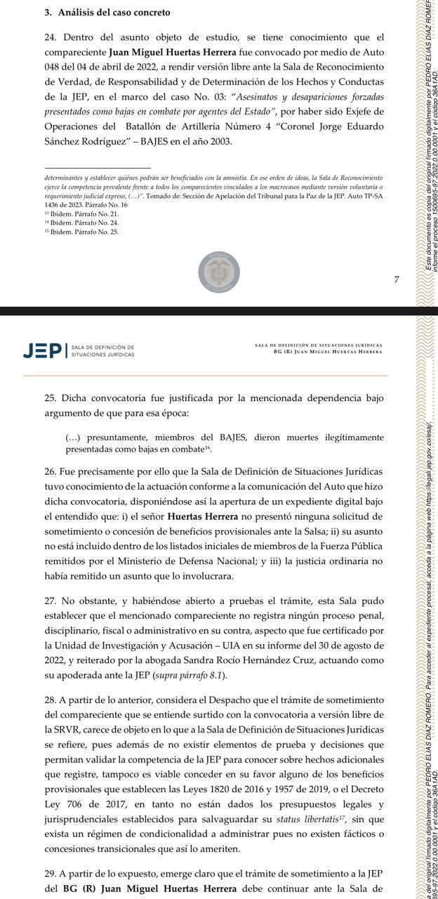 Documentos de la JEP sobre el procesos por falsos positivos del general (r) Juan Miguel Huertas.