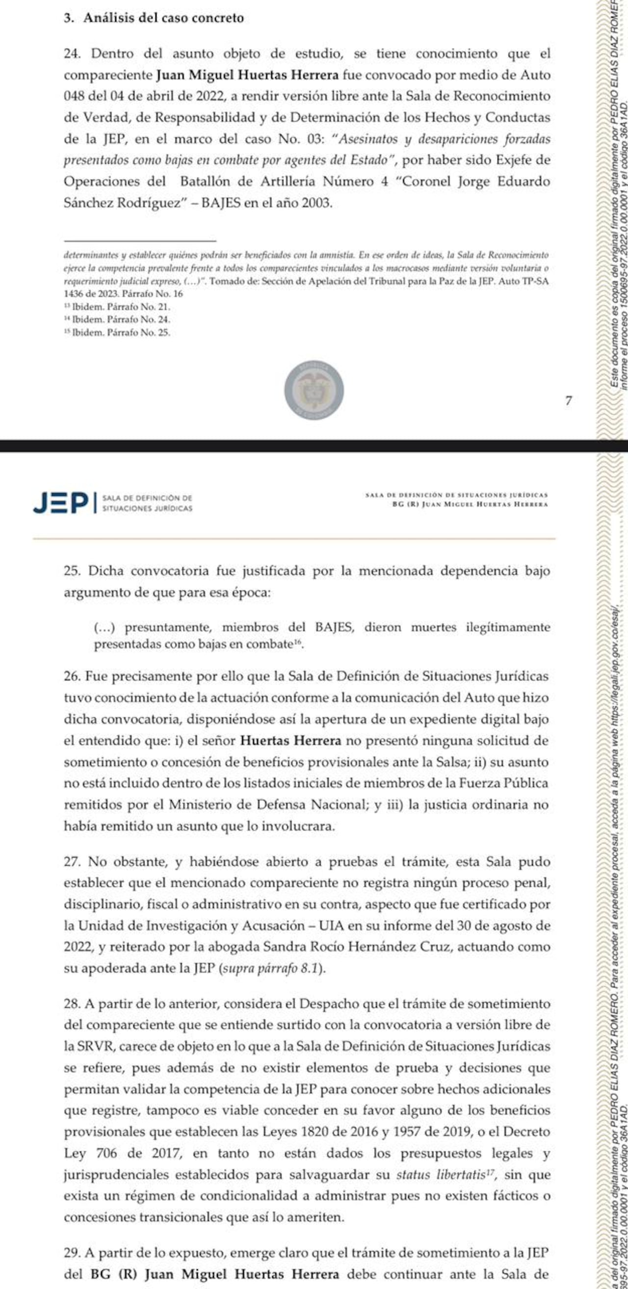 Documentos de la JEP sobre el procesos por falsos positivos del general (r) Juan Miguel Huertas.