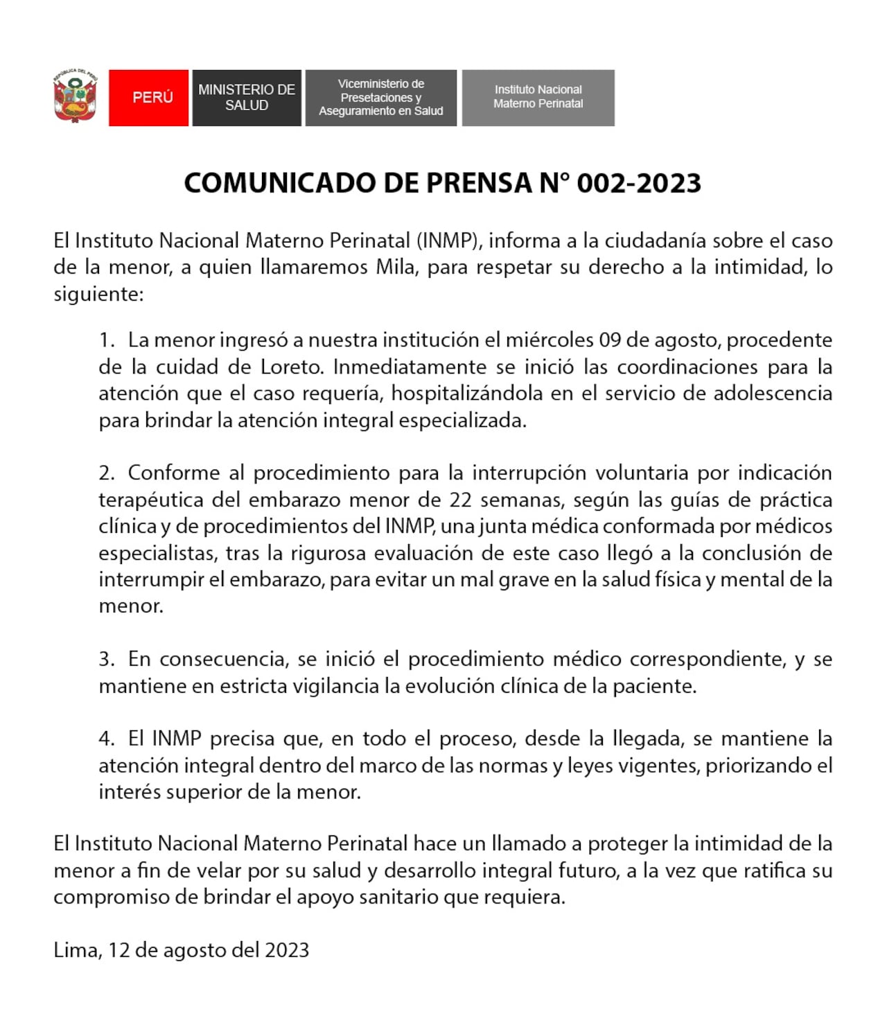 El Ministerio de Salud peruano informó del seguimiento al caso de "Mila".