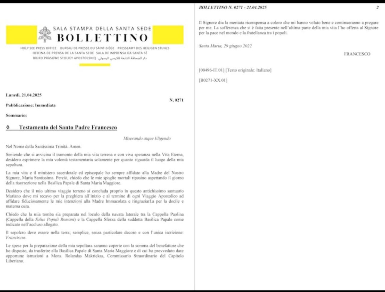 En el documento, fechado en junio de 2022, se puede ver su deseo de ser enterrado en la basílica de Santa María la Mayor de Roma. Foto: Vatican News