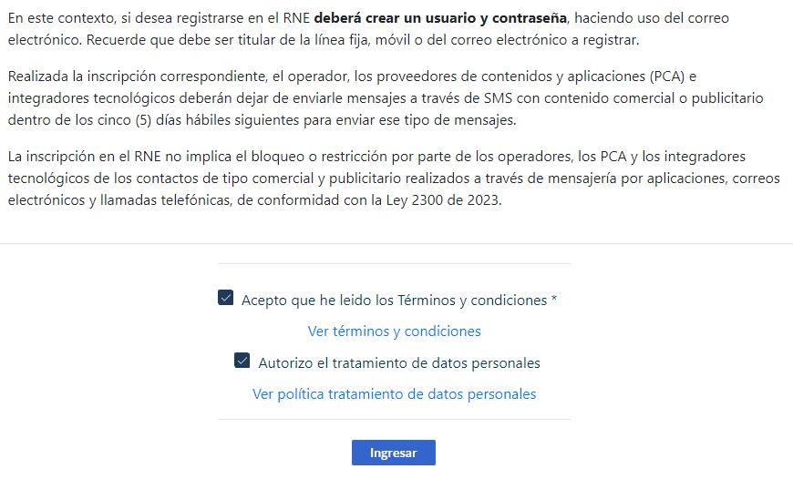 Registro de Números Excluidos (RNE) de la página de Tramites CRC
