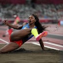 Caterine Ibarguen, of Colombia, competes in the final of the women's triple jump at the 2020 Summer Olympics, Sunday, Aug. 1, 2021, in Tokyo. (AP Photo/David J. Phillip)
