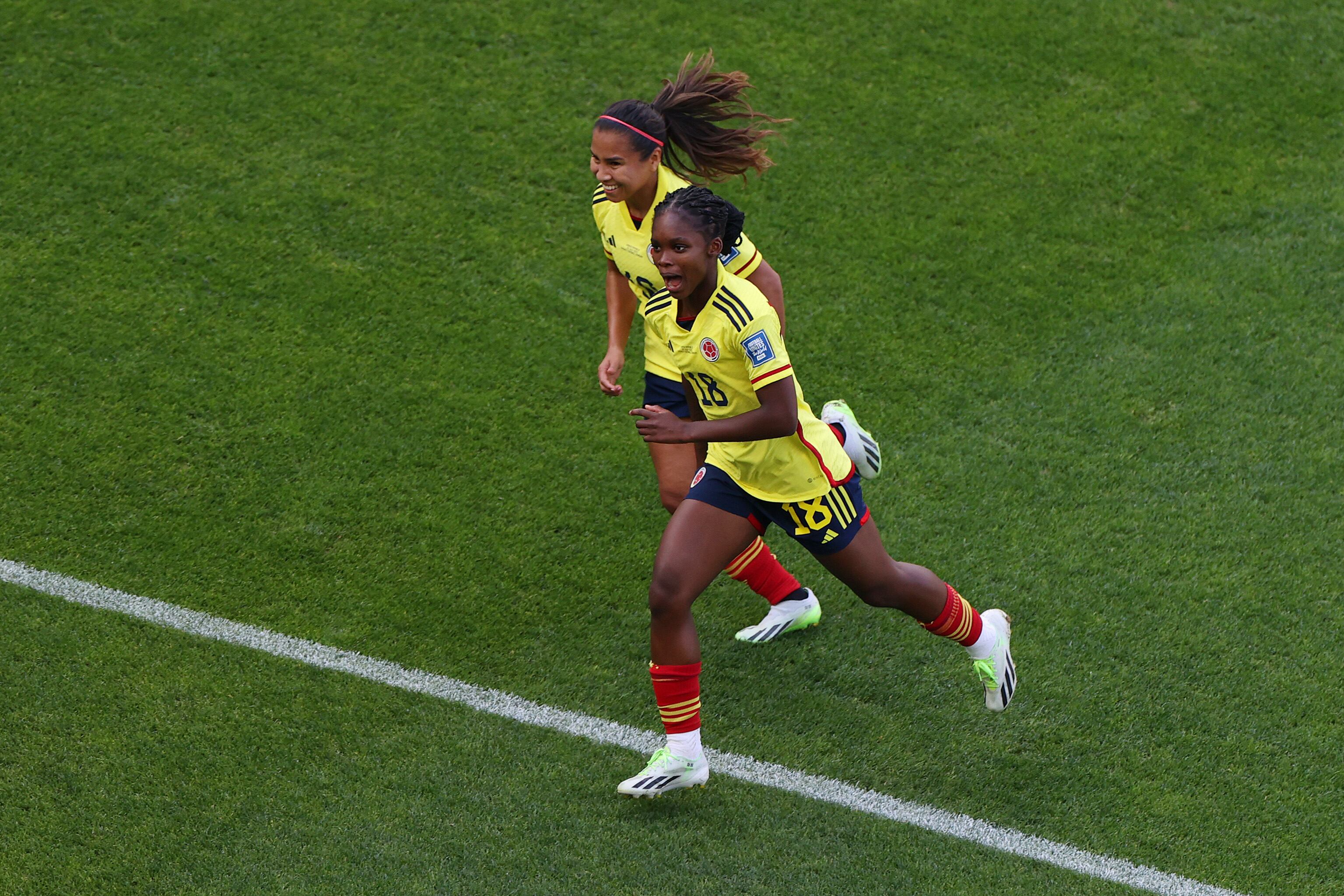 SYDNEY, AUSTRALIA - JULY 25: Linda Caicedo (L) of Colombia celebrates with teammate Leicy Santos (R) after scoring her team's second goal during the FIFA Women's World Cup Australia & New Zealand 2023 Group H match between Colombia and Korea Republic at Sydney Football Stadium on July 25, 2023 in Sydney, Australia. (Photo by Maddie Meyer - FIFA/FIFA via Getty Images)