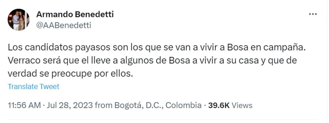 Benedetti reacciona ante estrategia de Juan Daniel Oviedo de  vivir en arriendo en la localidad de Bosa.