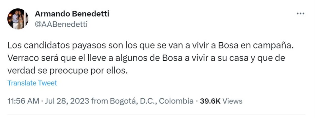 Benedetti reacciona ante estrategia de Juan Daniel Oviedo de vivir en arriendo en la localidad de Bosa.