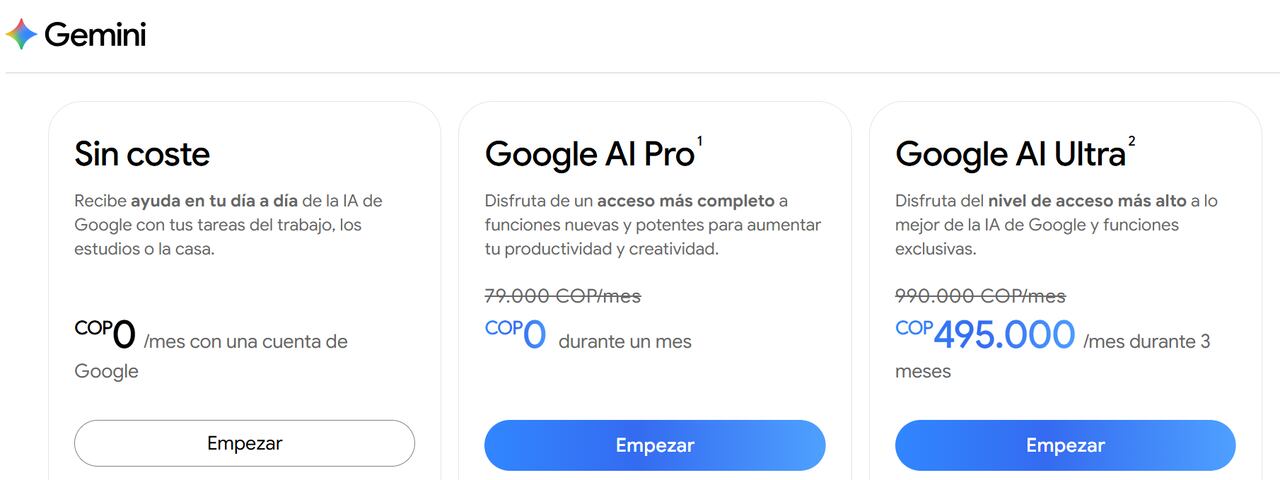 La versión gratuita de Gemini sorprende en Colombia, pero las opciones de pago apuntan a un uso más profesional.