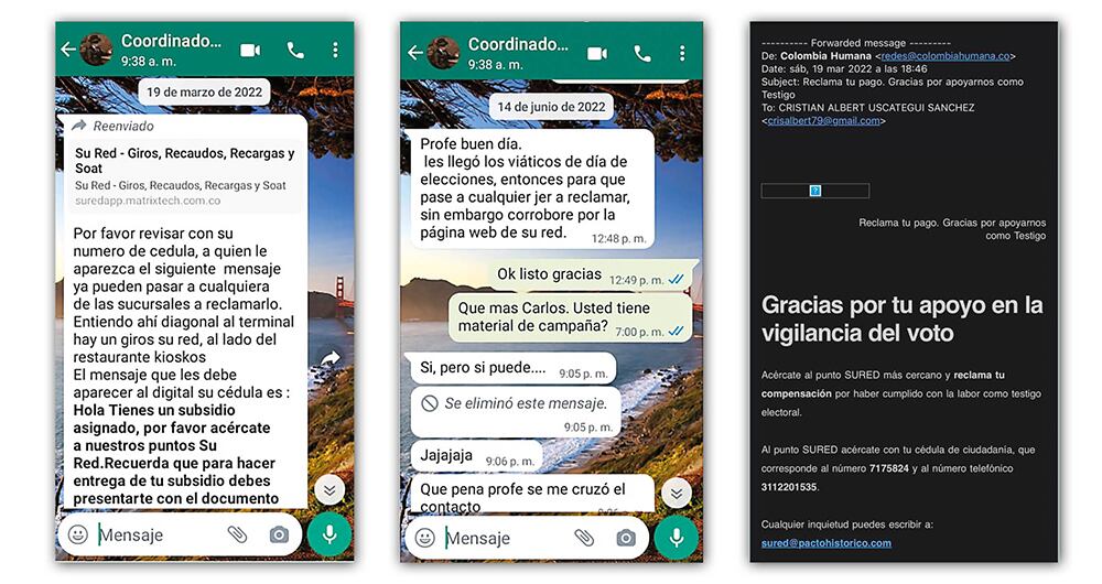 En las fotos 1 y 2 de izquierda a derecha, el testigo confirma cómo en los chats de WhatsApp hablan de los pagos. Y en la 3, el correo que le envió el Pacto Histórico en el que lo invitan a cobrar. 