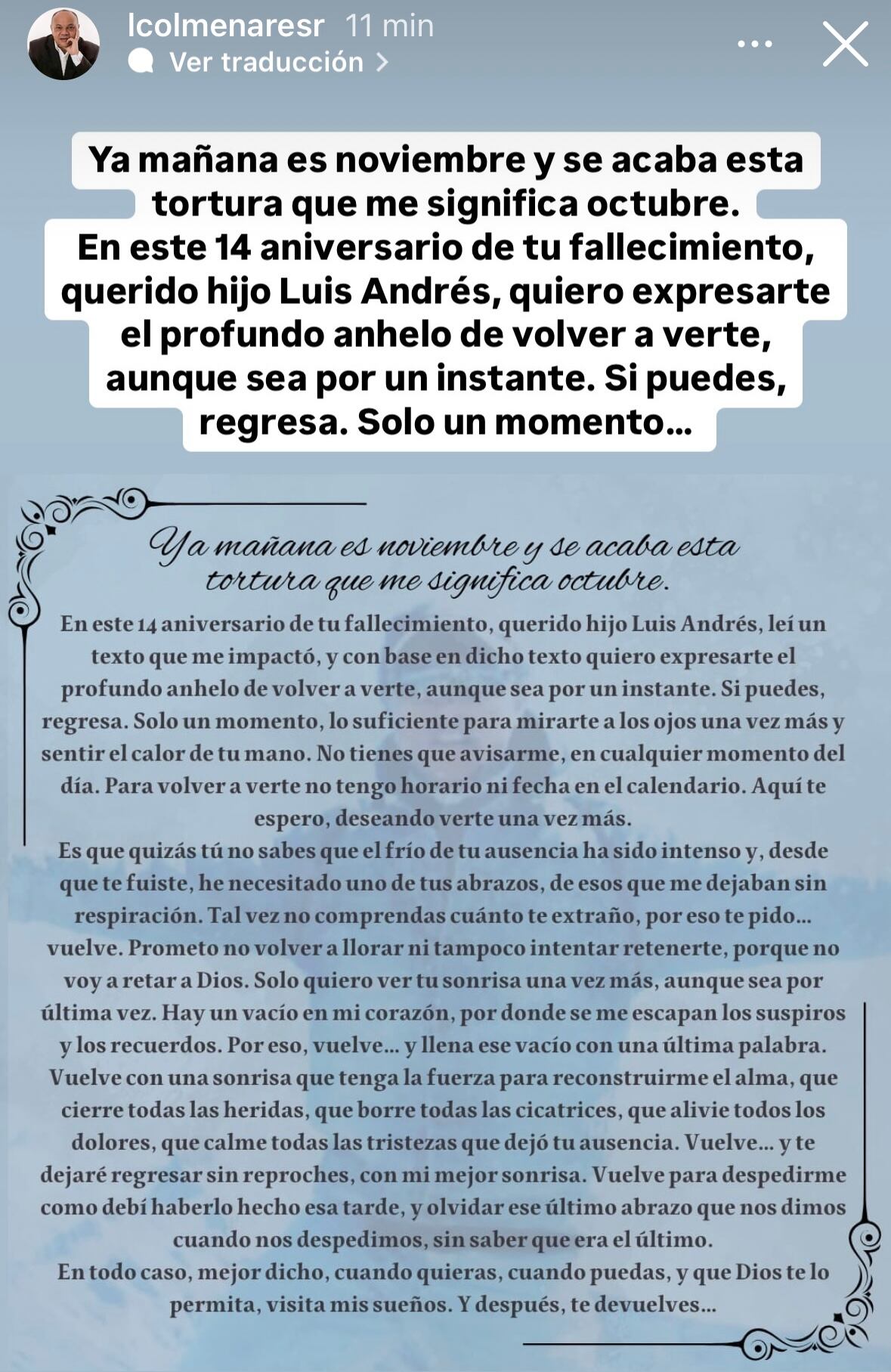 Padre de Luis Andrés Colmenares publicó emotivas palabras tras 14 años de la muerte del joven universitario.