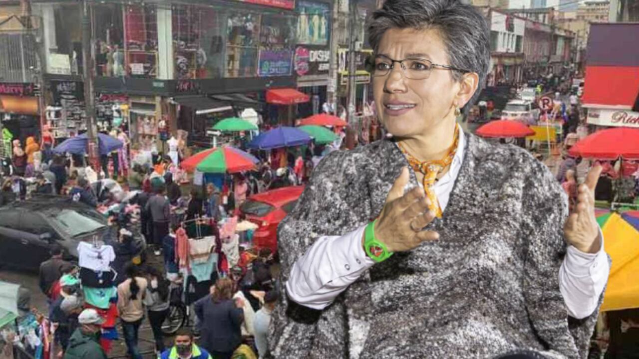 Claudia López, alcaldesa de Bogotá. Al fondo, San Victorino