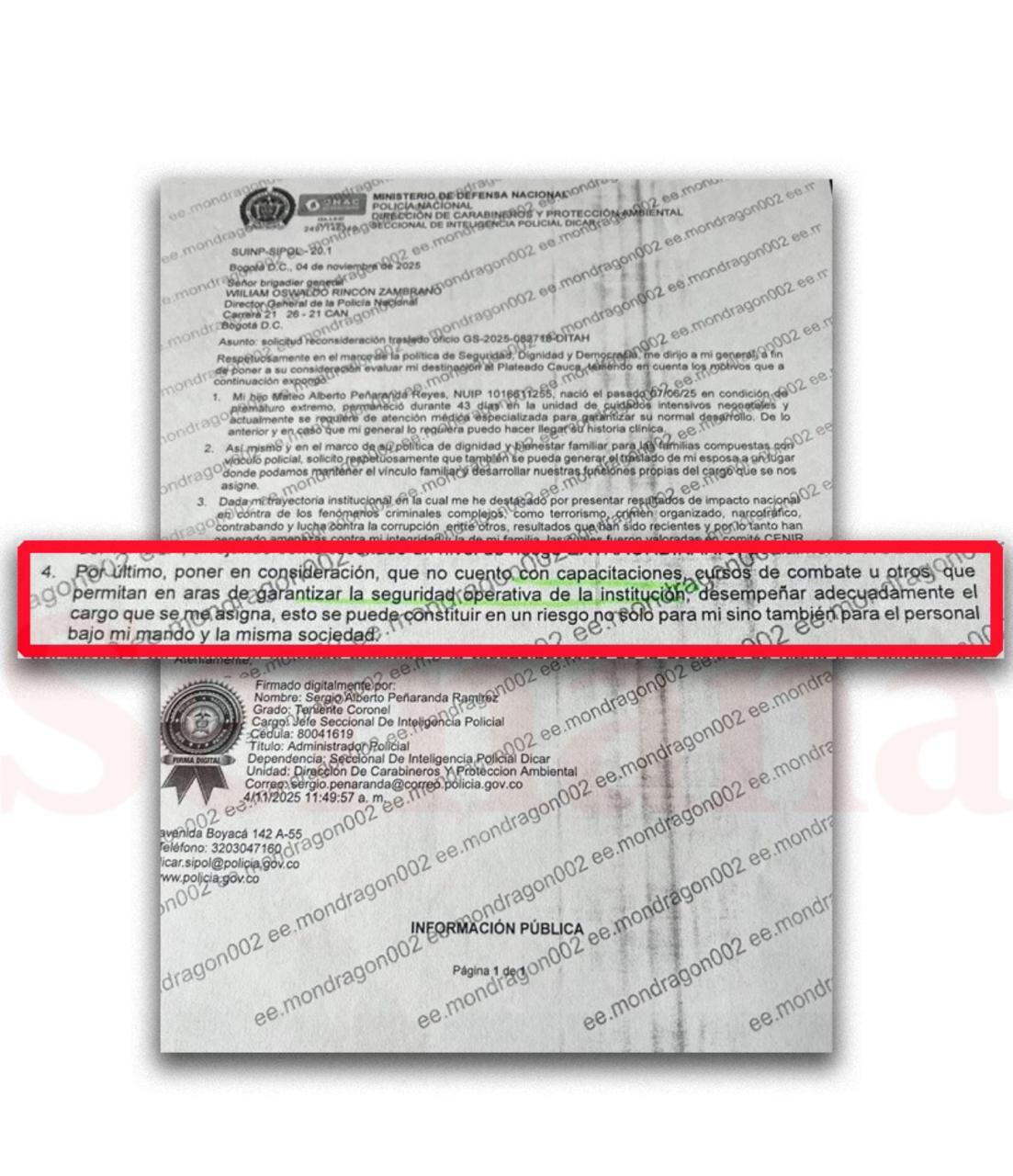 Este el documento del coronel Peñaranda reconociendo con no está capacitado para asumir un nuevo de inteligencia. cargo dentro de la Policía