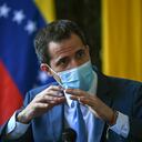 Opposition leader Juan Guaido gestures while speaking during a press confrence at the Morichal park, in Prados del Este neighborhood of Caracas on July 7, 2021. (Photo by Yuri CORTEZ / AFP)