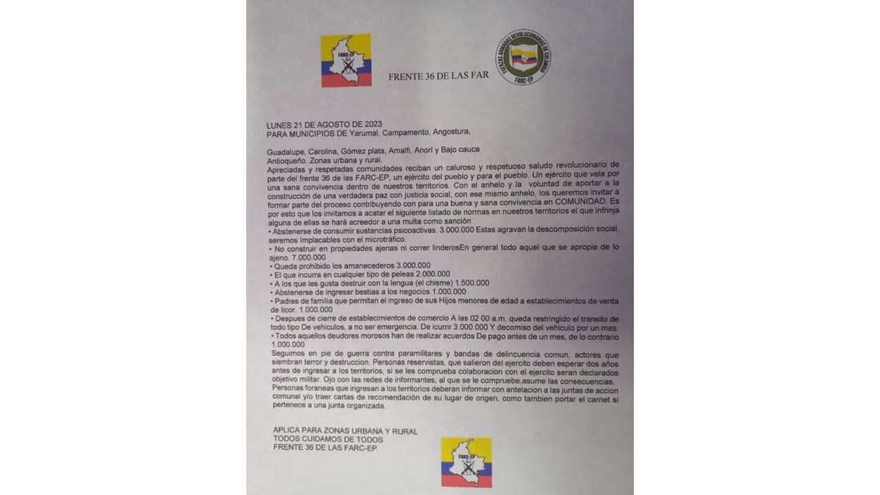 Supuesto panfleto de las disidencias de las Farc en Antioquia.