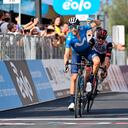Alejandro Valverde celebrates as he crosses the finish line to win the third stage of the Giro di Sicilia, tour of Sicily cycling race, from Termini Imerese to Caronia, Italy, Thursday, Sept. 30, 2021. (Marco Alpozzi/LaPresse via AP)