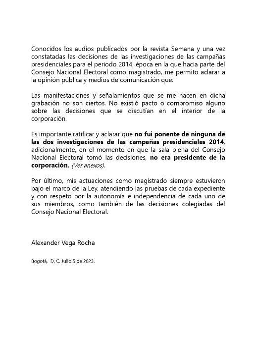 Comunicado Alexander Vega sobre audios de Oscar Iván Zuluaga.