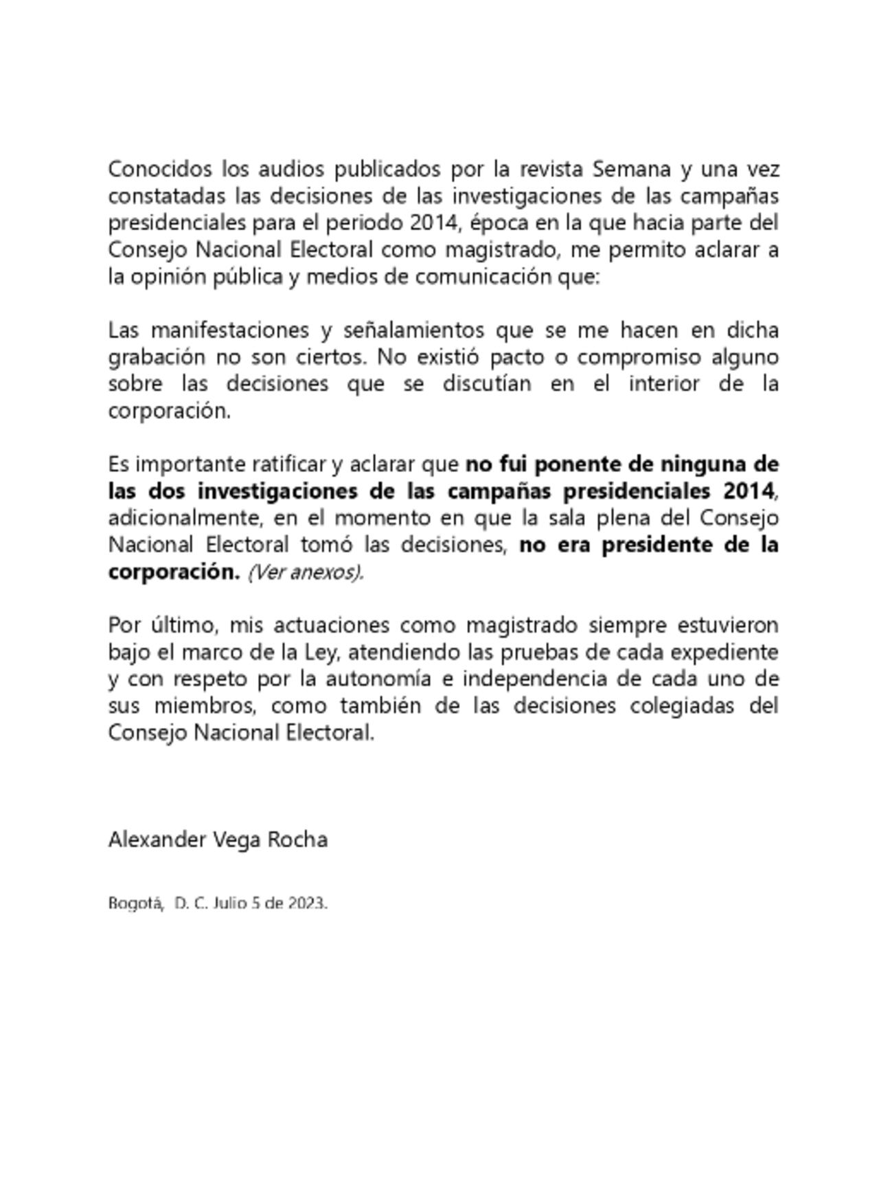 Comunicado Alexander Vega sobre audios de Oscar Iván Zuluaga.
