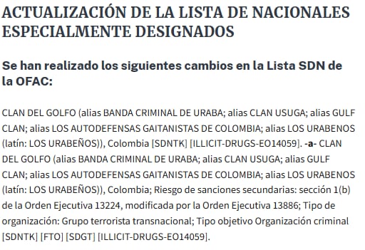 Nota informativa publicada en la p´+agina oficial del Departamento del Tesoro de EE.UU.