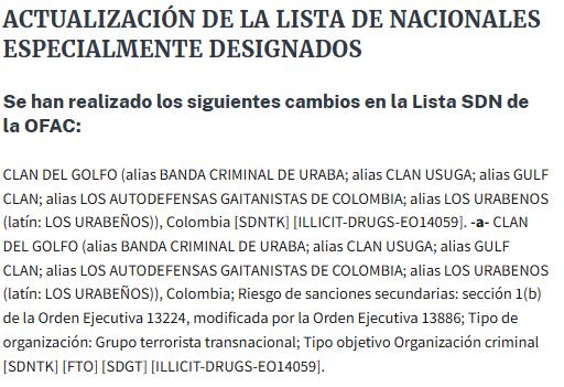 Nota informativa publicada en la p´+agina oficial del Departamento del Tesoro de EE.UU.