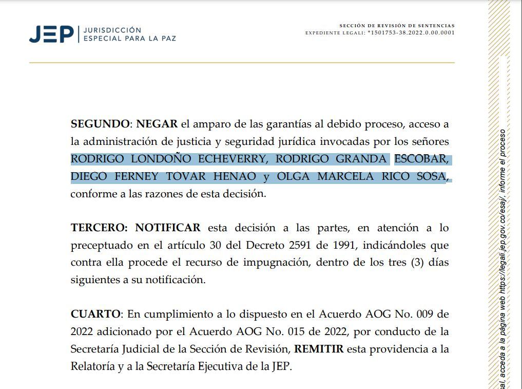 La JEP rechazó la tutela radicada por Timochemko y Rodrigo Granda.