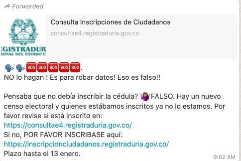 Pantallazo estafa elecciones WhatsApp