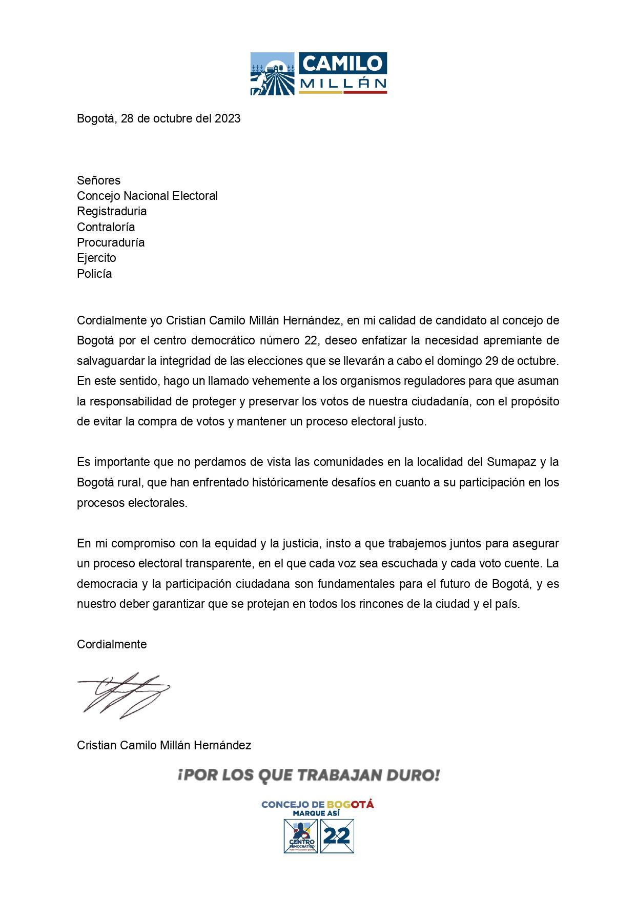 Candidato al Concejo de Bogotá Cristian Millán hace un llamado para “salvaguardar” las elecciones y evitar la compra de votos en Sumapaz