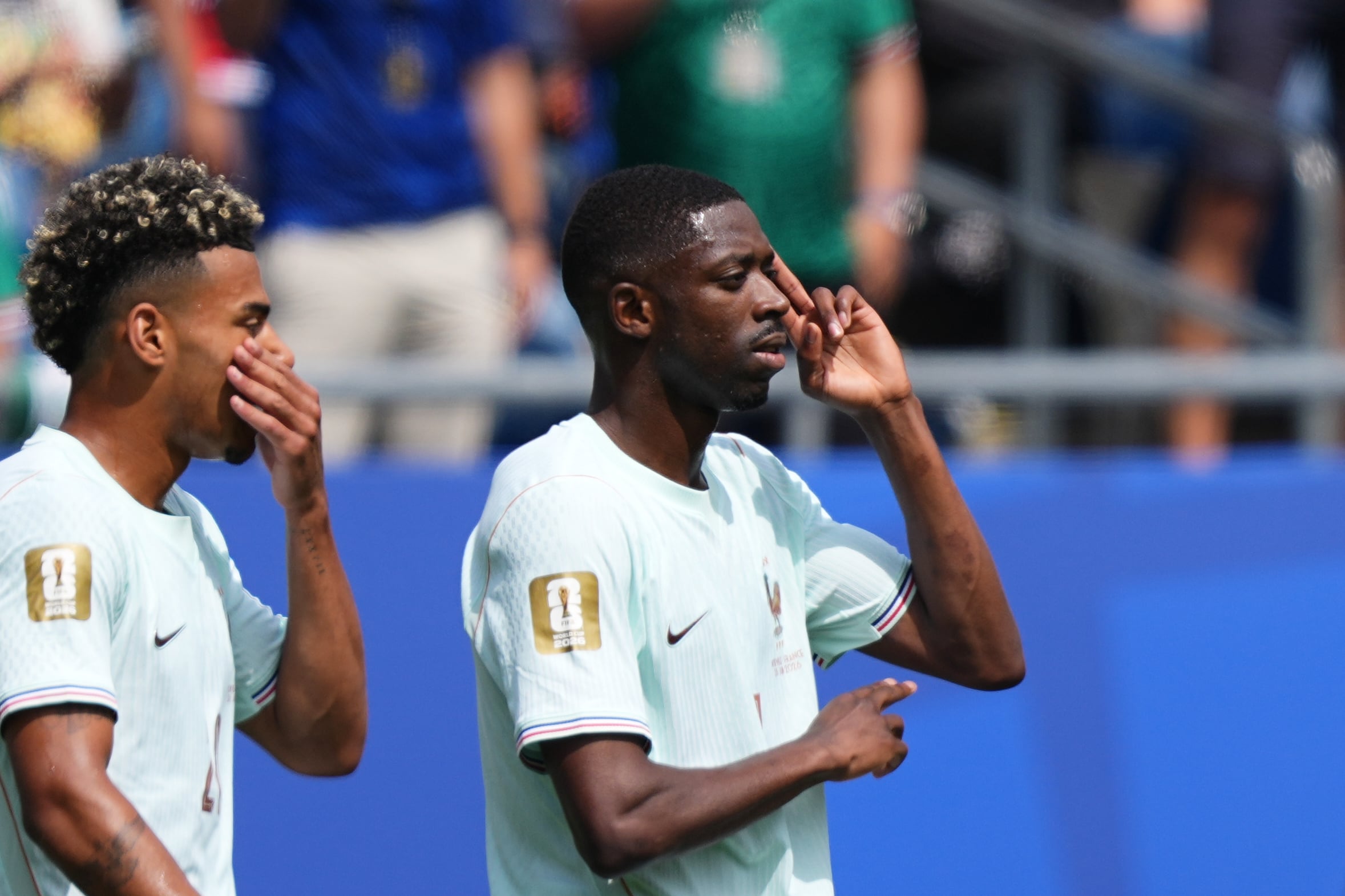 France's Ousmane Dembele, center, celebrates after scoring the opening goal during the World Cup Group I soccer match between Norway and France in Foxborough, Mass., near Boston, Friday, June 26, 2026. (AP Photo/Martin Meissner)