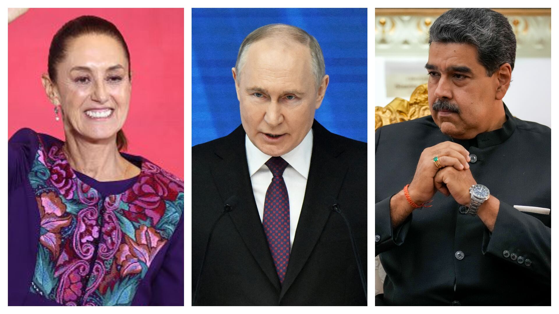 Claudia Sheinbaum, Vladimir Putin y Nicolás Maduro.