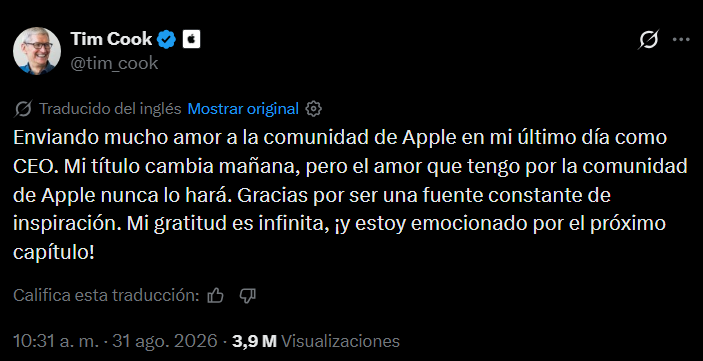 Cook seguirá vinculado a Apple como presidente ejecutivo de la junta directiva.