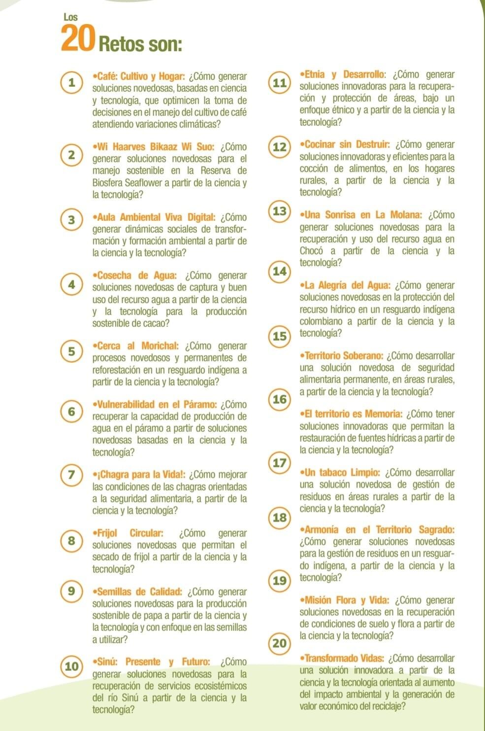 Los 20 retos a científicos colombianos