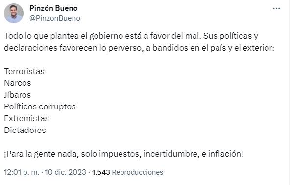 Publicación de Juan Carlos Pinzón en X.