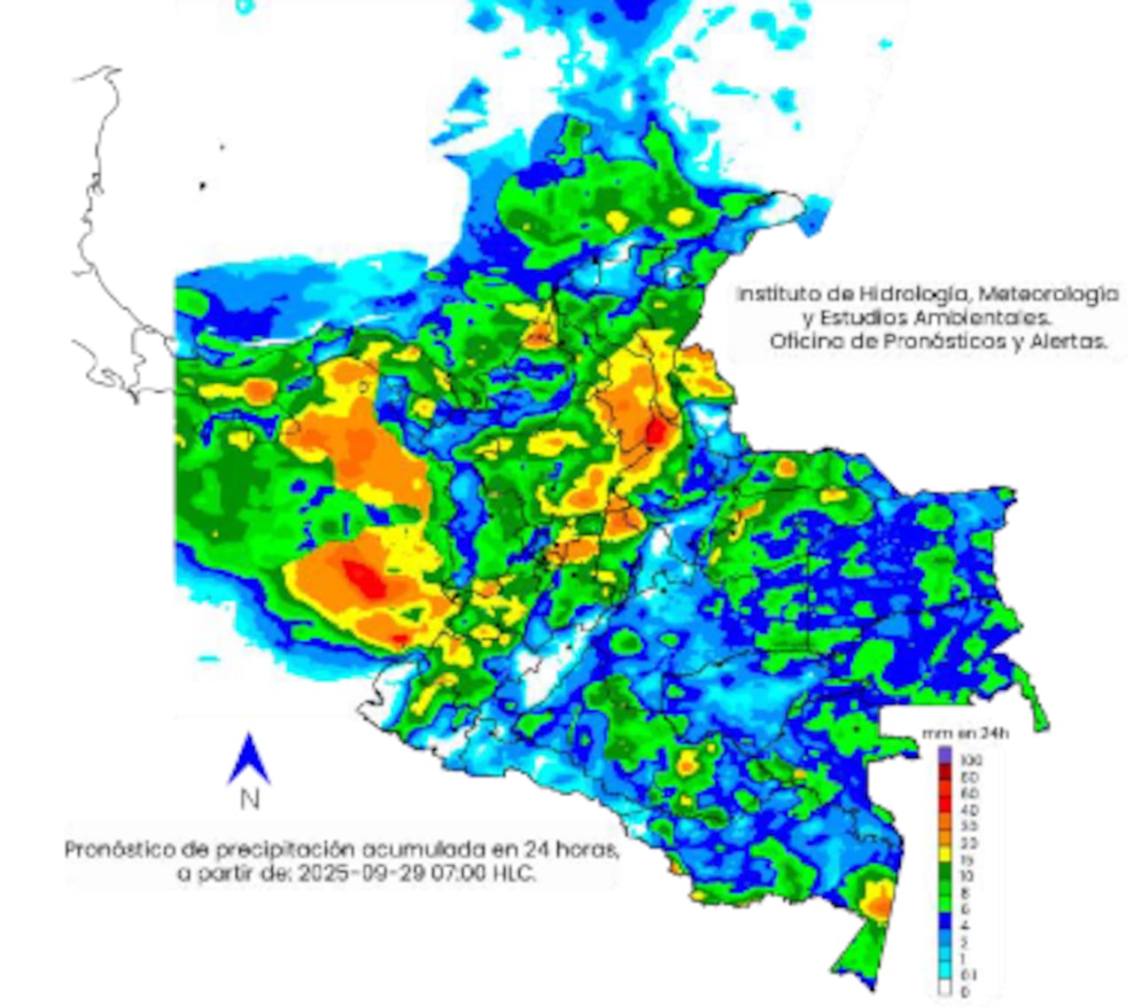 La escala de colores indica la cantidad de precipitación acumulada (en milímetros) el 29 de septiembre